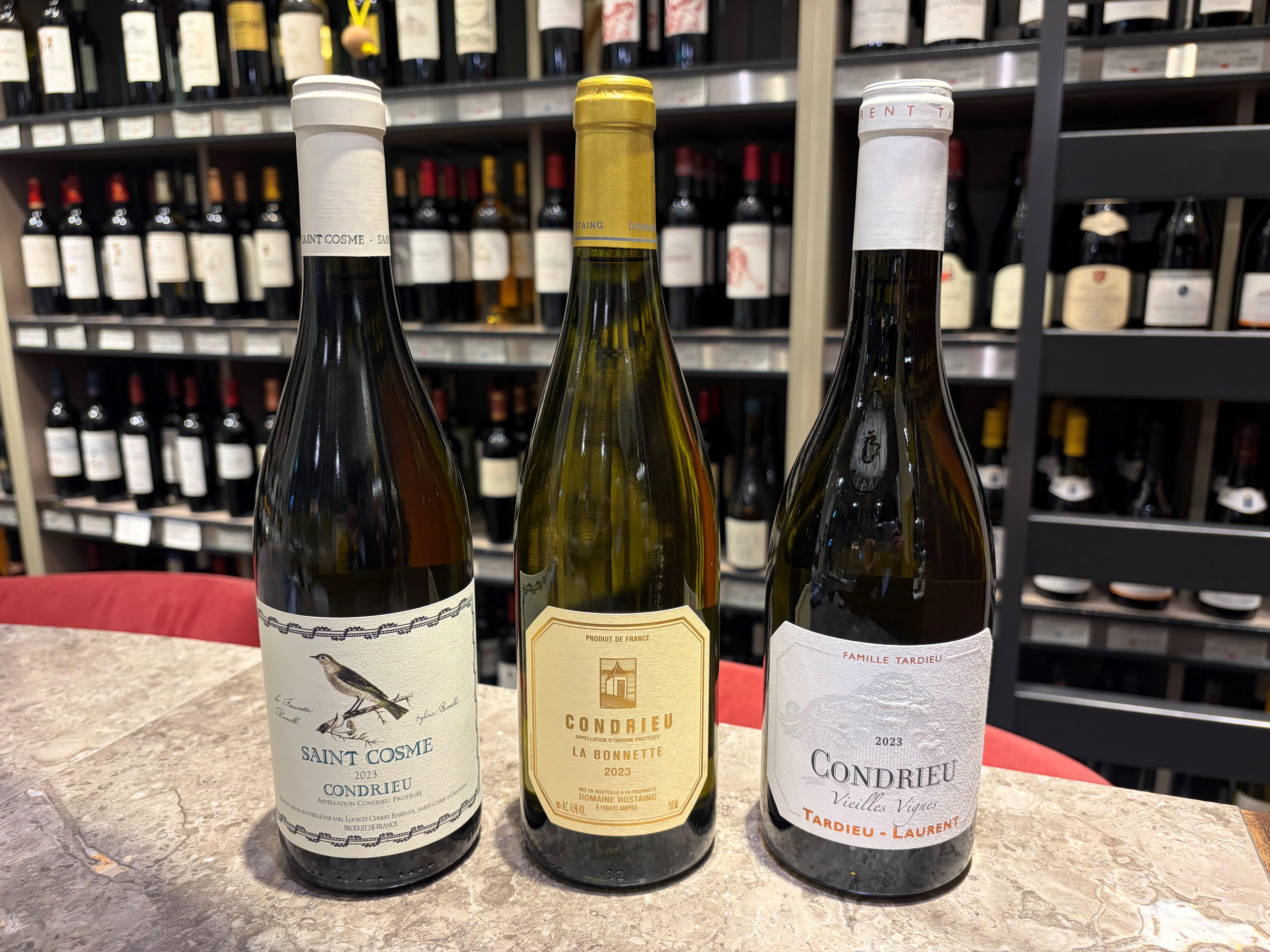 コンドリュー３生産者飲み比べ！　「シャトー・ド・サンコム」「ルネ・ロスタン」「タルデュ・ローラン」３グラスセット