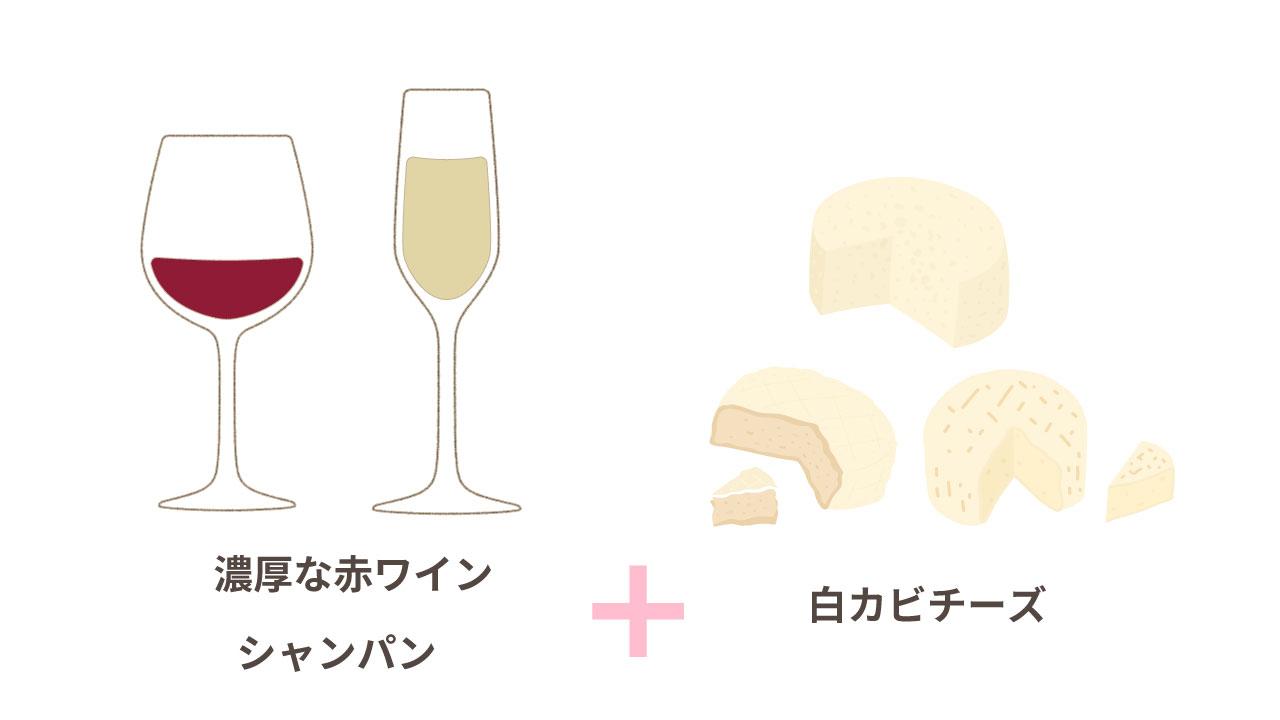 図_濃厚な赤ワイン・シャンパンと白カビチーズ