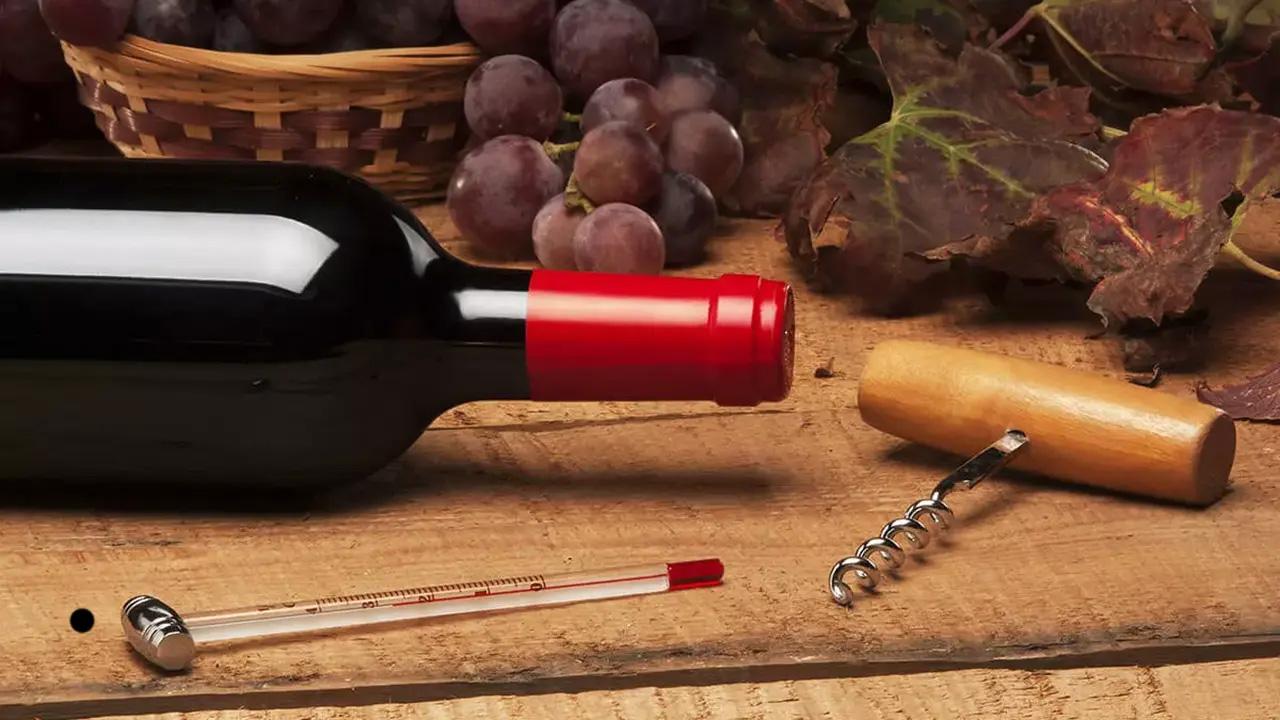 赤ワインボトルと温度計